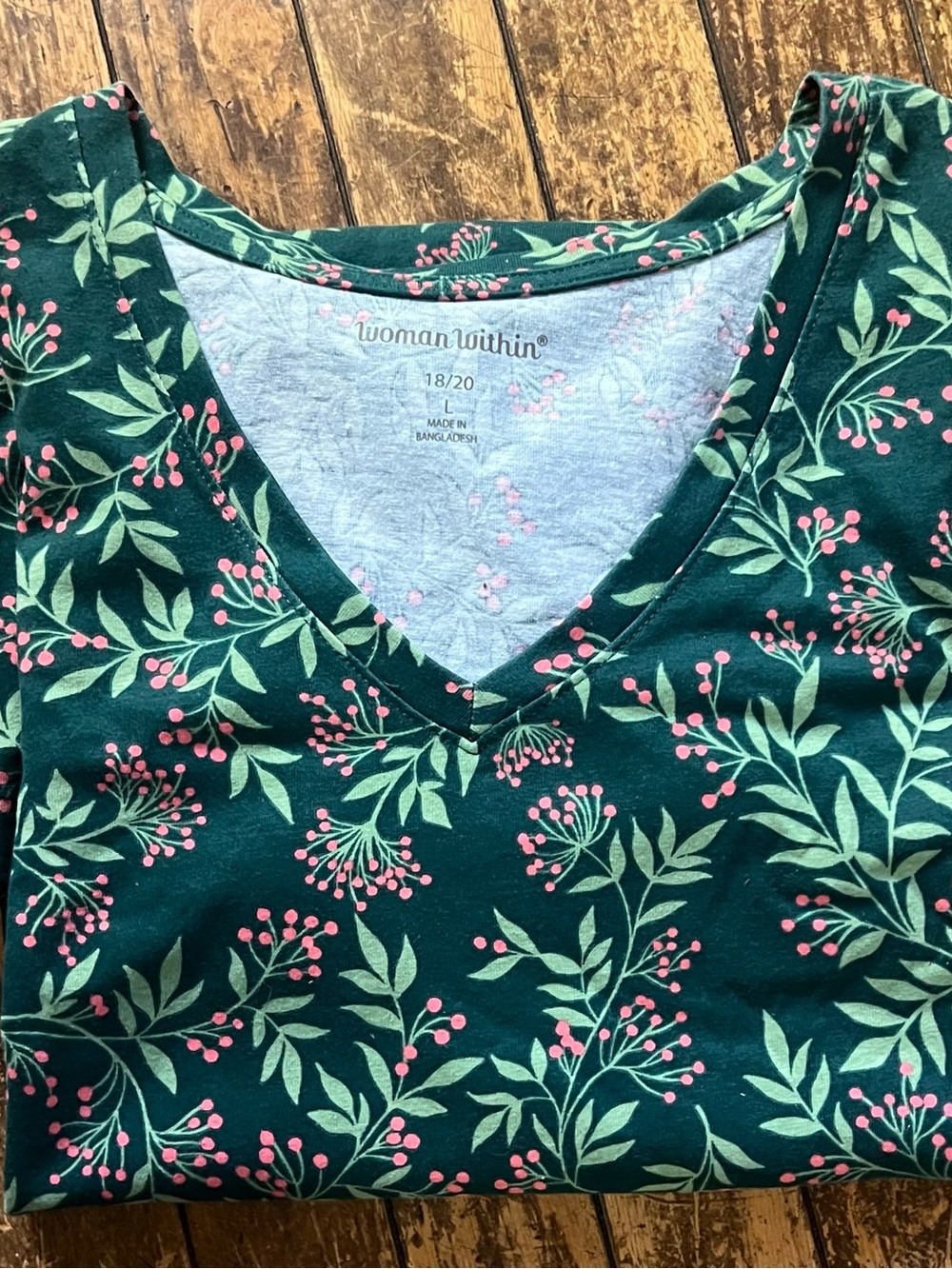 Woman Within Dark Green Floral V-Neck Top with Pink Berry Accents